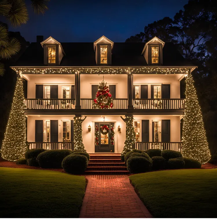 Two-story house, illuminated with Christmas lights. A tree sits on each side, and a wreath hangs on the door.